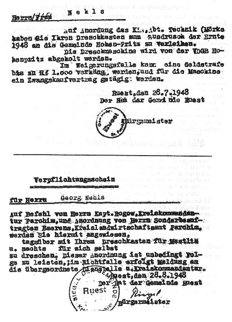 Anordnung Dreschmaschine,Verpflichtungsschein